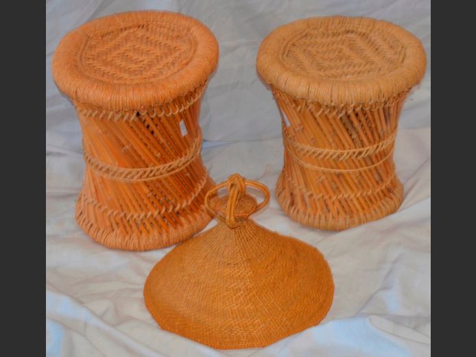 PAIR SEAGRASS & BAMBOO STOOLS & A LESOTHO HAT