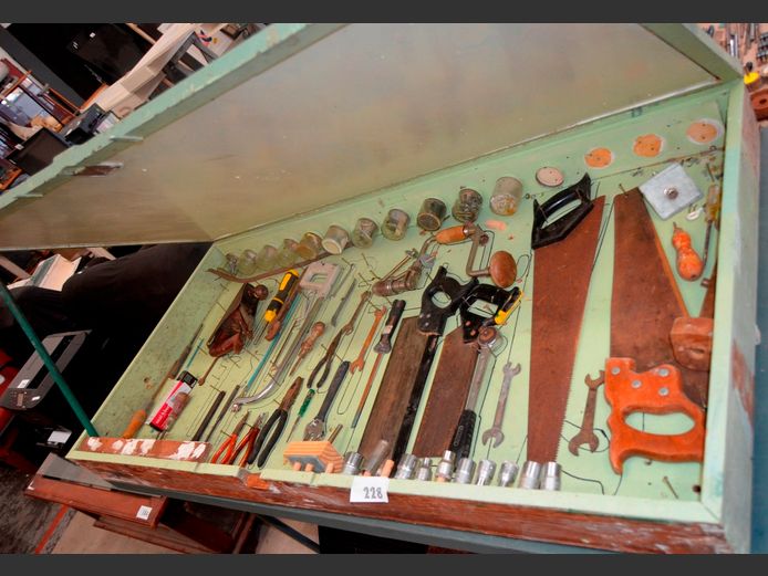WOODEN WALL MOUNT TOOLBOX WITH VARIOUS TOOLS INCLUDING HAMMERS, SAWS, etc