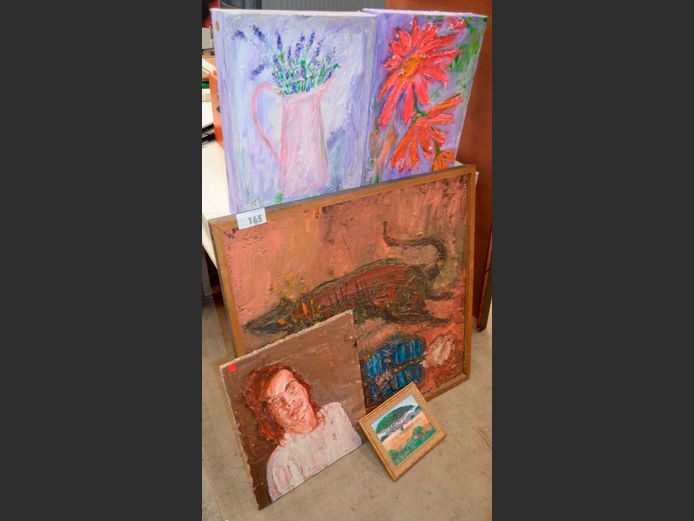 FRAMED OIL ON CANVAS "MAN & DOG", PORTRAIT, etc