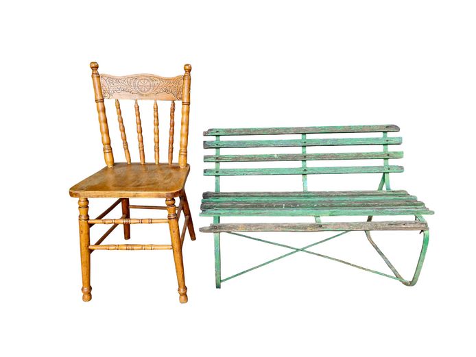 Vintage Kids-Size Green Slatted Wood & Metal Garden Bench