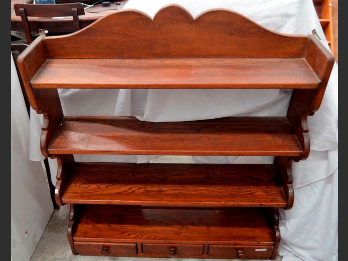 STAINED OAK 3-DRAWER, 4-TIER WALL MOUNT SHELF, 91 x 22 x 106cm