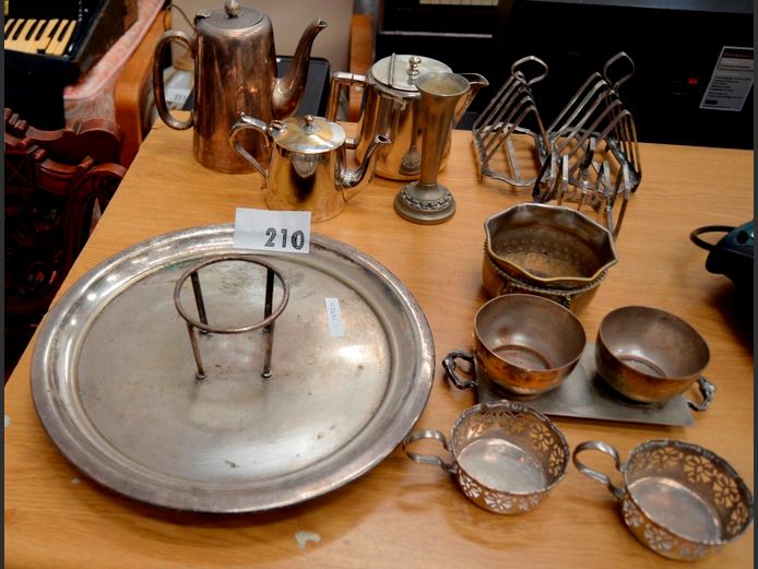 SILVER PLATE TRAY, TEAPOT, TOAST RACK, VASE, etc