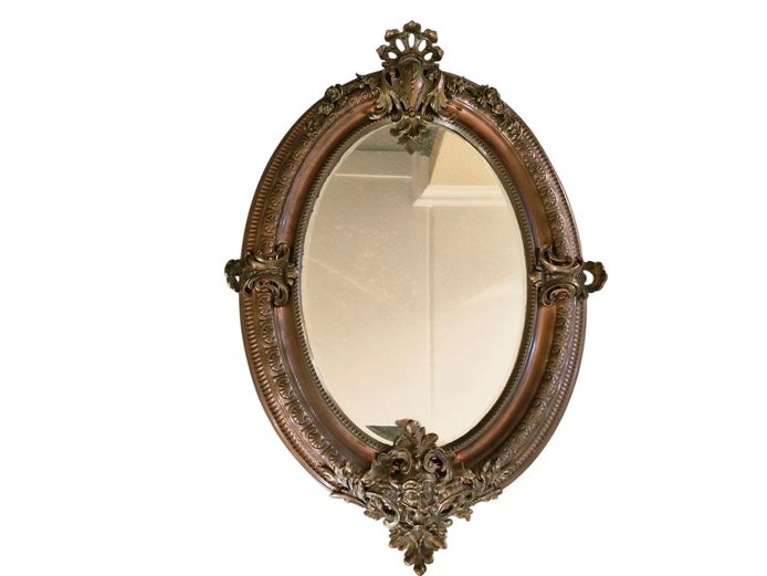 French Rococo Copper & Brass Oval Beveled Mirror