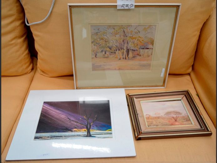 UNFRAMED PRINT "TREE", FRAMED PRINT "HUT" & ANOTHER 28 x 22cm, 19 x 14cm & 30 x 21cm