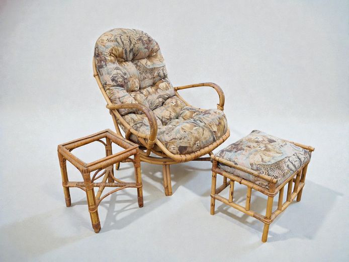 Vintage Cane Armchair, Footstool & Matching Side Table