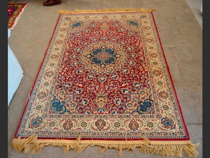 BEIGE, BLUE & BURGUNDY PERSIAN CARPET, 200 x 140cm