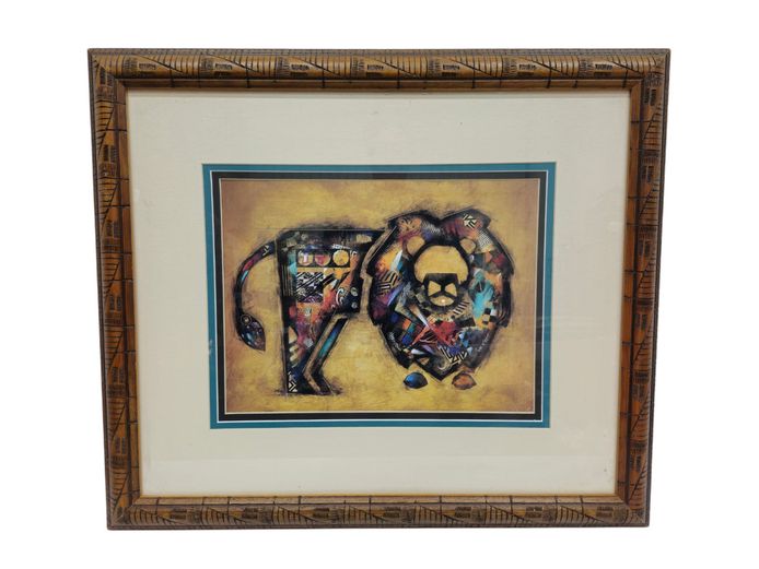 Hand Carved Framed Contemporary Abstract Lion Mixed-Media Artwork