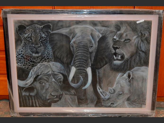 FRAMED PENCIL SKETCH "BIG 5" BY LOUISA BLOKKAR, 85 x 59.5cm