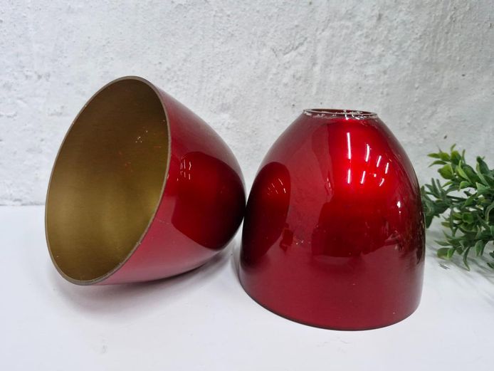Pair of Small Retro Metallic Red Glass Lamp Shades - Gold Interior