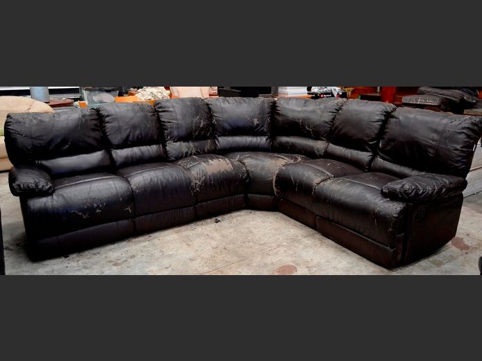BROWN LEATHER TOUCH L-SHAPED LOUNGE SUITE, 290 x 240cm [Needs re-covering]