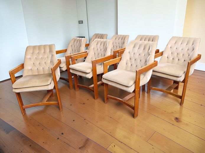 MCM Teak-Framed Armchairs with Diamond-Tufted Upholstery - Set of 8