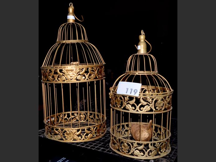 SET OF 2 GOLD PAINTED ORNAMENTAL BIRD CAGES, 24cm Diameter x 48cm High & 19cm Diameter x 36cm High