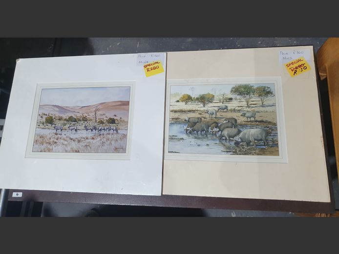 PAIR UNFRAMED PRINTS "GEMSBOK & BUFFALO", 26 x 18cm