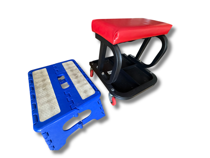 Blue foldable plastic step and Creeper Seat on wheels