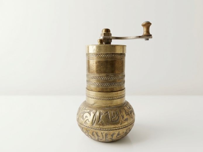 Vintage Middle Eastern Engraved Brass Pepper or Spice Mill