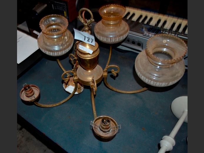 BRASS 5-ARM CHANDELIER, 51cm Diameter x 35cm High [2 glass shades missing]