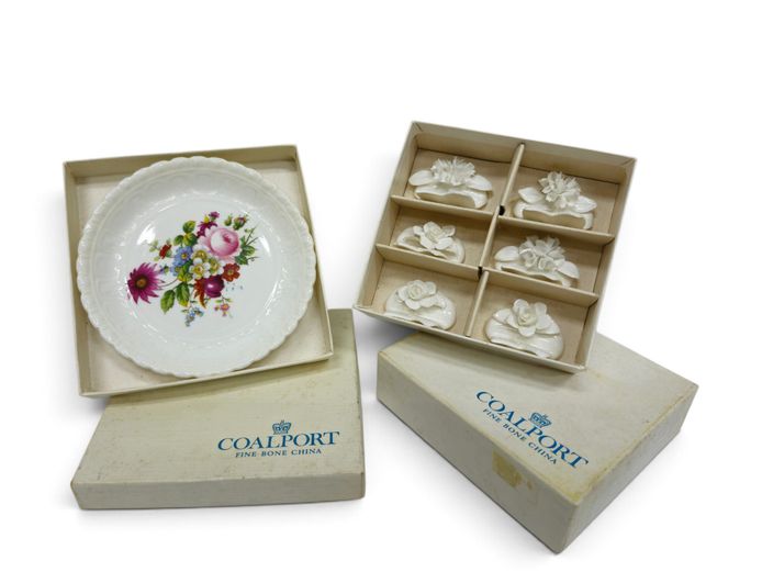 Vintage Coalport Fine Bone China "Ludlow" Pin Dish & Floral Place Card Holders Set