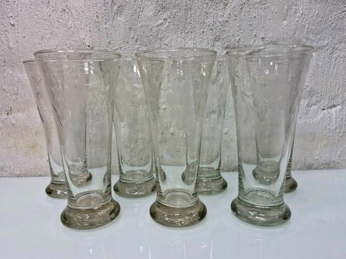 Set of 7 Etched Glass Pilsner / Parfait  - Grape & Vine Pattern