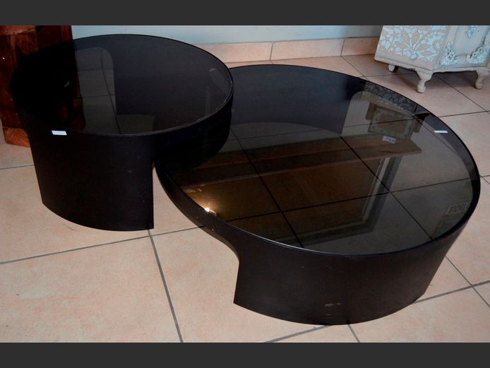 SET OKHA CIRCULAR COFFEE TABLES WITH SMOKED GLASS TOPS, 68cm Diameter x 35cm High & 100cm Diameter x 27cm High