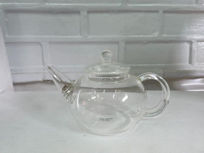 Small All Glass Teapot with Lid and Spout Coil Strainer