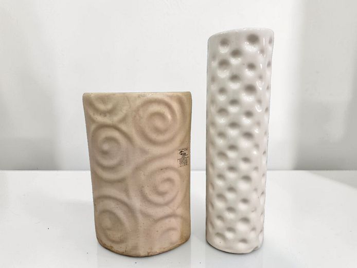 South African Studio Ceramic Vase Set with Spiral Relief & Dimpled Textures