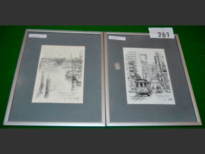 PAIR FRAMED LITHOGRAPHS OF SAN FRANCISCO: "CALIFORNIA STREET" & "FISHERMAN'S WHARF" BY DON DAVEY 1977, 15.5cm x 11cm