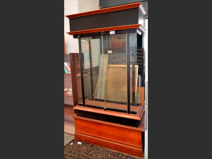 OAK & GLASS 2 DOOR DISPLAY CABINET- 115 x 45 x 210cm [2x glass side panels needed, shelves needed, doors open, no keys]