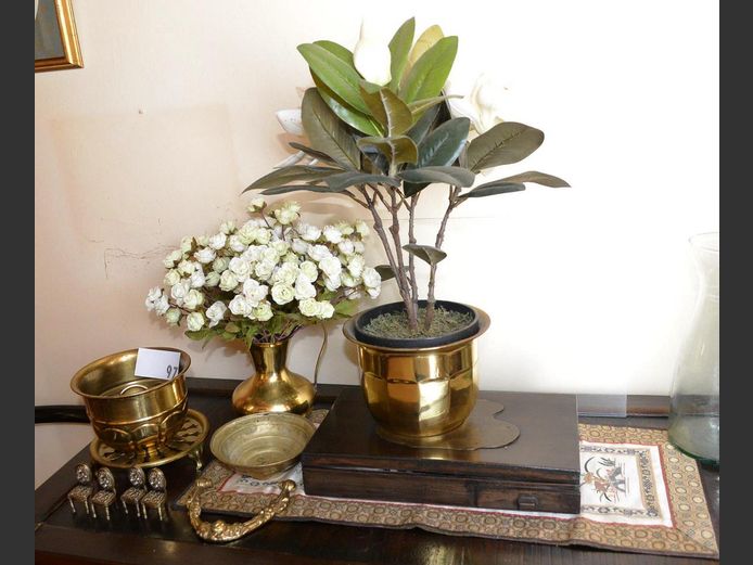 BRASS: SMALL PLANTER ON STAND, VASE, etc