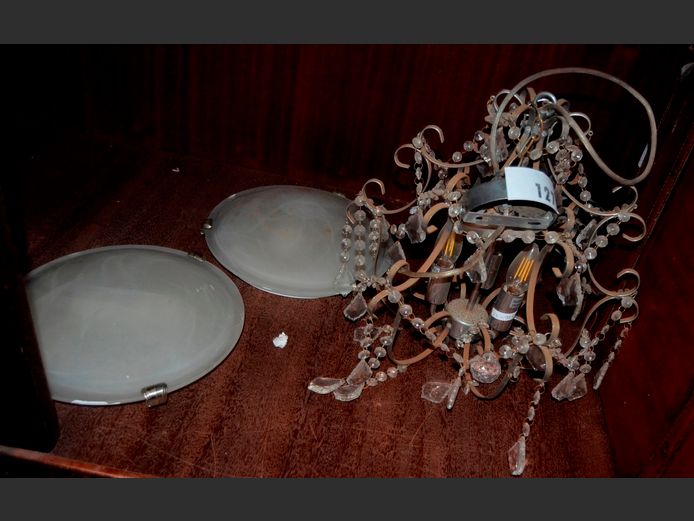 METAL & GLASS CHANDELIER, 39cm Diameter x 39cm High, & PAIR FROSTED GLASS CEILING LIGHTS, 30cm Diameter