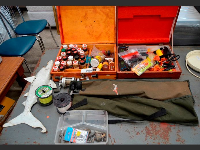 FISHING TACKLE, 2 x FISHING REELS, 2 x WOODEN BOXES, etc