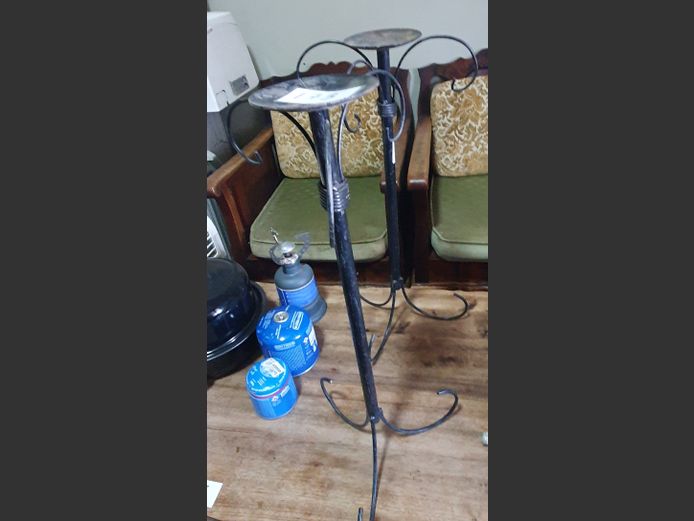 PAIR BLACK WROUGH IRON CANDLE STANDS, 60cm High