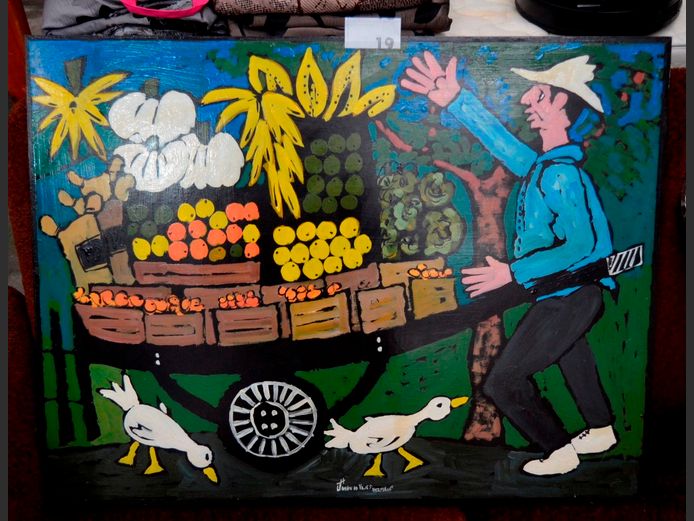 UNFRAMED OIL ON BOARD "FRUIT CART" SIGNED JOHAN DE VRIES, 80 x 60cm