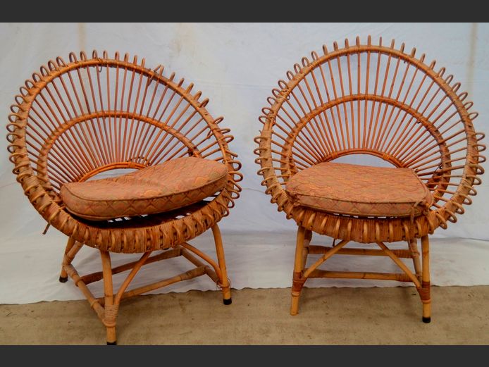 PAIR CANE CHAIRS WITH CUSHIONS [Cane damaged in places]