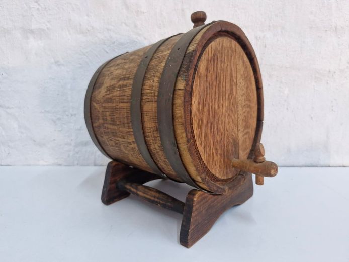 Vintage Tabletop Wooden Wine & Spirit Barrel Keg with Display Stand