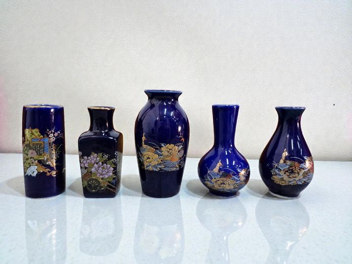 Vintage Japanese Cobalt Blue Porcelain Miniature Vases