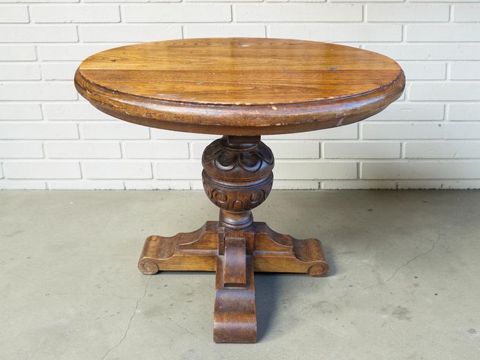 Vintage Oak Pedestal Side Table with Carved Baluster Column