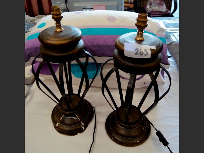 PAIR BLACK METAL TABLE LAMPS, 45cm High [1 Damaged]