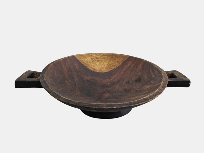 Hand-Carved Wooden Bowl with Integrated Side Handles