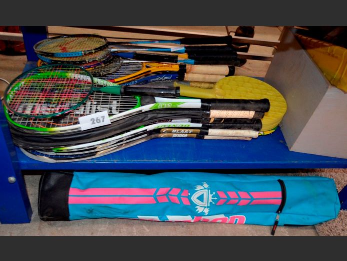 LOT: TENNIS RACQUETS, SQUASH RACQUETS, HOCKEY STICKS, etc