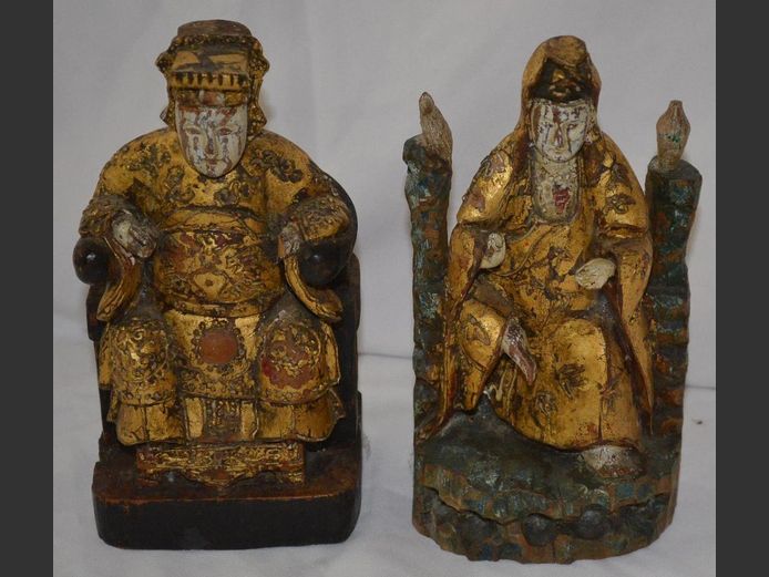 SET ANTIQUE CARVED EMPEROR & EMPRESS FIGURINES, 20cm High & 19cm High [Wear commensurate with age]