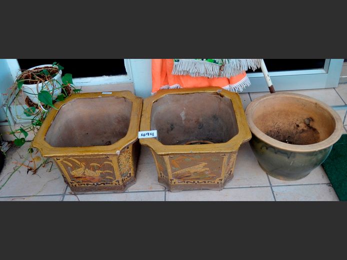 PAIR ORIENTAL PLANTERS & ANOTHER, 42 x 42 x 28cm & 38cm Diameter x 25cm High