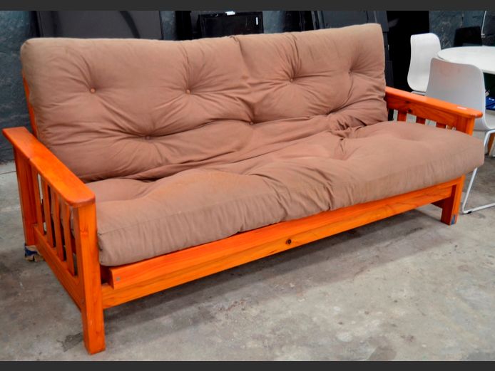 PINE SLEEPER COUCH WITH BROWN FUTON MATTRESS, 208 x 90cm