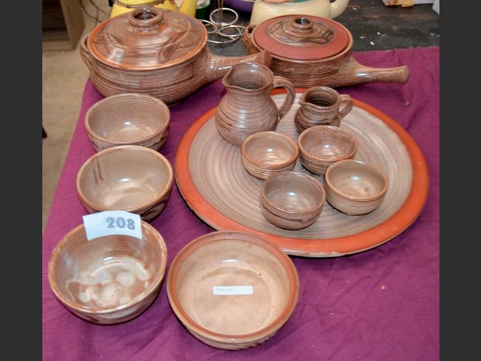 BROWN STONEWARE SOUP TUREEN WITH LID, BOWLS, etc