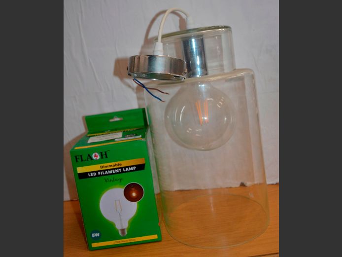 GLASS PENDANT LIGHT WITH EXTRA L.E.D. FILAMENT LIGHT BULB, 20cm Diameter x 35cm High