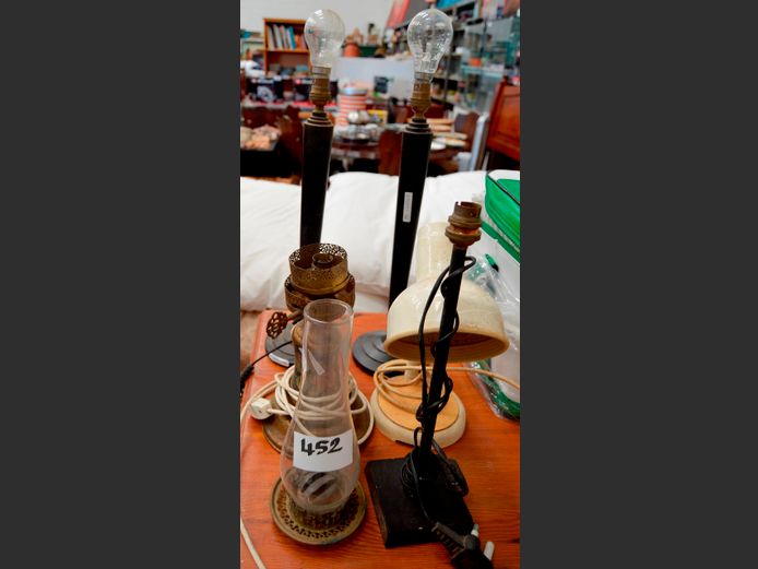 PAIR TABLE LAMPS, PARAFFIN LAMPS, etc