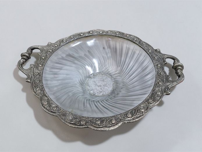 Vintage Ornate Silver-Tone & Pressed Glass Bonbon Dish