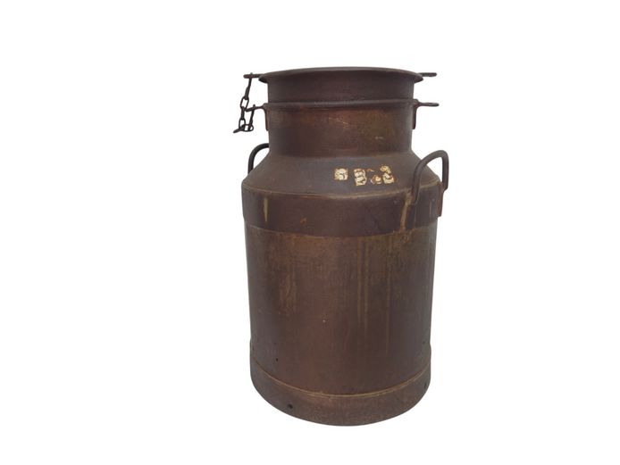 Vintage Industrial Iron Milk Churn with Locking Lid Mechanism