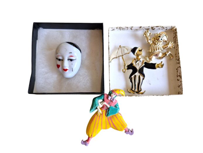 Vintage Ceramic Mask, Enamel Rhinestone & Other Brooches