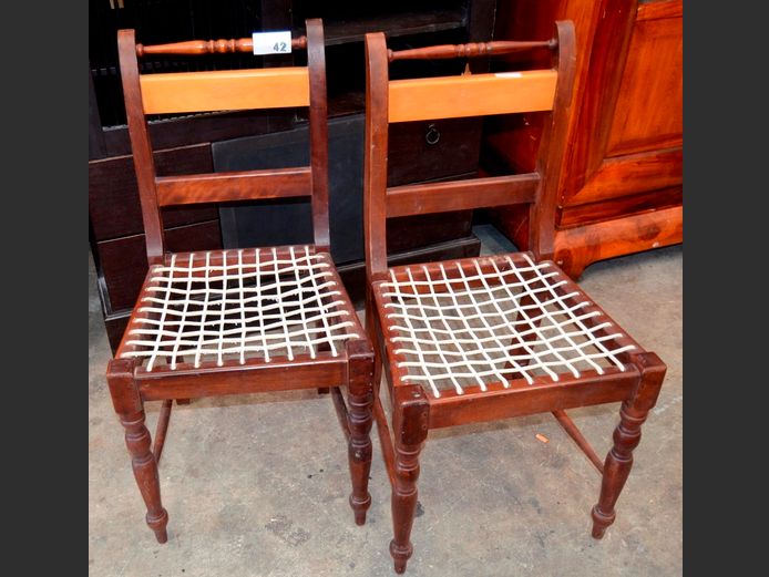 PAIR YELLOWWOOD & IMBUIA DINING CHAIRS WITH RIEMPIE SEATS