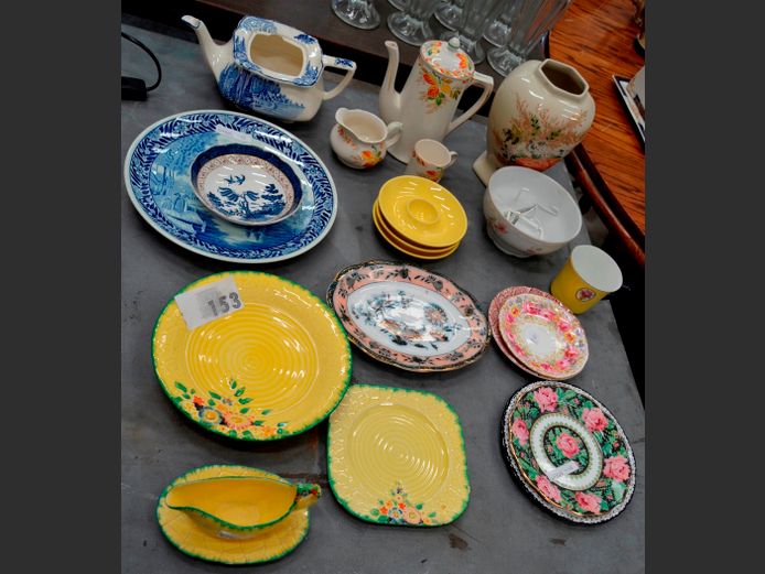 CROWN DEVON GRAVY BOAT, SIDE PLATE, BOCH BLUE & WHITE PLATE, GRINDLEY TEAPOT, VASE, etc